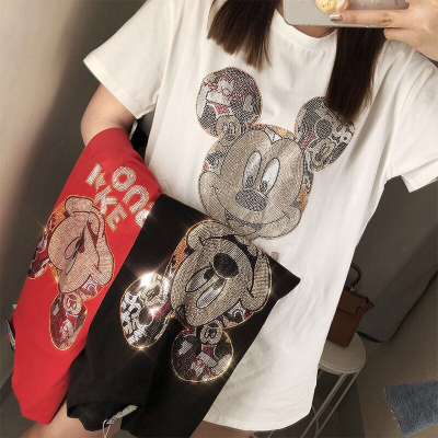 Summer new heavy industry hot drill Mickey short sleeve T-shirt women's Korean loose half sleeve bottom coat