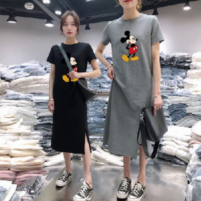 Dongdamen summer new Hanxian thin foreign style age reducing short sleeve medium length T-shirt skirt student dress