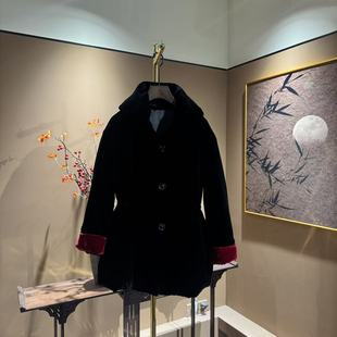 100%桑蚕丝丝绒黑色棉服女冬撞色收腰连帽棉衣667 新款 中先森