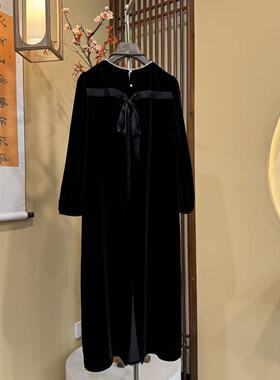 【中先森】桑蚕丝丝绒小黑群后蝴蝶结名媛后开叉款连衣裙女秋608
