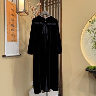连衣裙女秋608 桑蚕丝丝绒小黑群后蝴蝶结名媛后开叉款 中先森