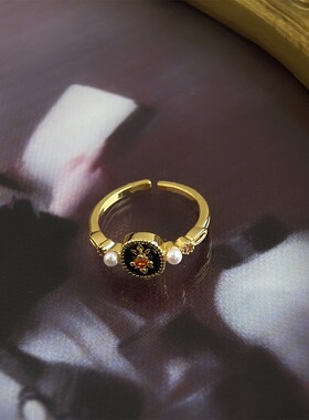 Vintage轻中古文艺复古镀14K黑色戒指港风滴油开口可调节黑食指戒