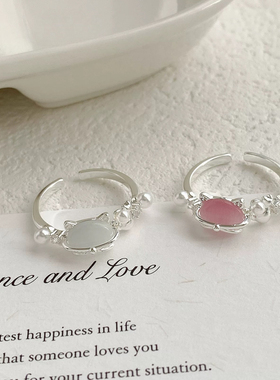 森系猫咪猫眼石戒指小众简约设计感个性潮流百搭开口指环手饰女款