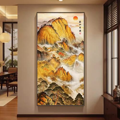 旭日东升玄关挂画鸿运当头客厅竖版墙壁装饰画金色日出东方壁画