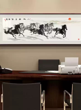 马到成功客厅装饰画新中式国画办公室沙发背景墙画八骏图水墨挂画