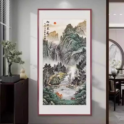 背有靠山入户玄关装饰画旭日东升正对门走廊过道挂画客厅山水壁画