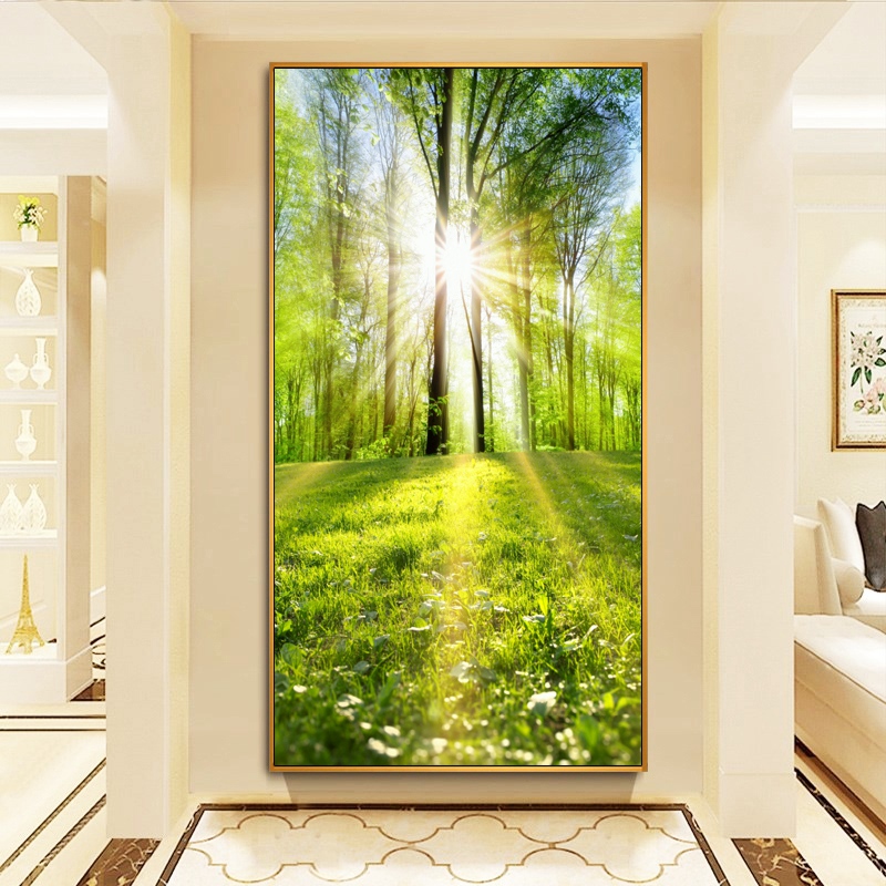 一路高升入户玄关装饰画竖版正对门走廊过道挂画树林客厅风景壁画