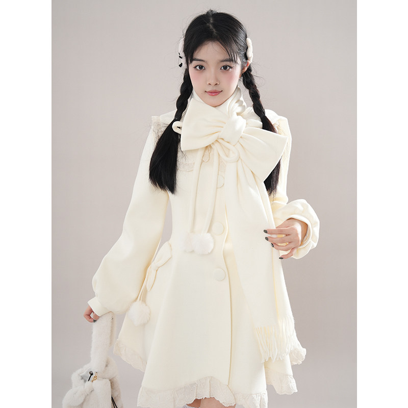 秋冬甜美风小个子围巾花边娃娃领毛球系带毛呢外套2025秋冬新款女,女装/女士精品,时尚套装,淘宝优惠券,粉丝福利购,淘宝优惠卷
