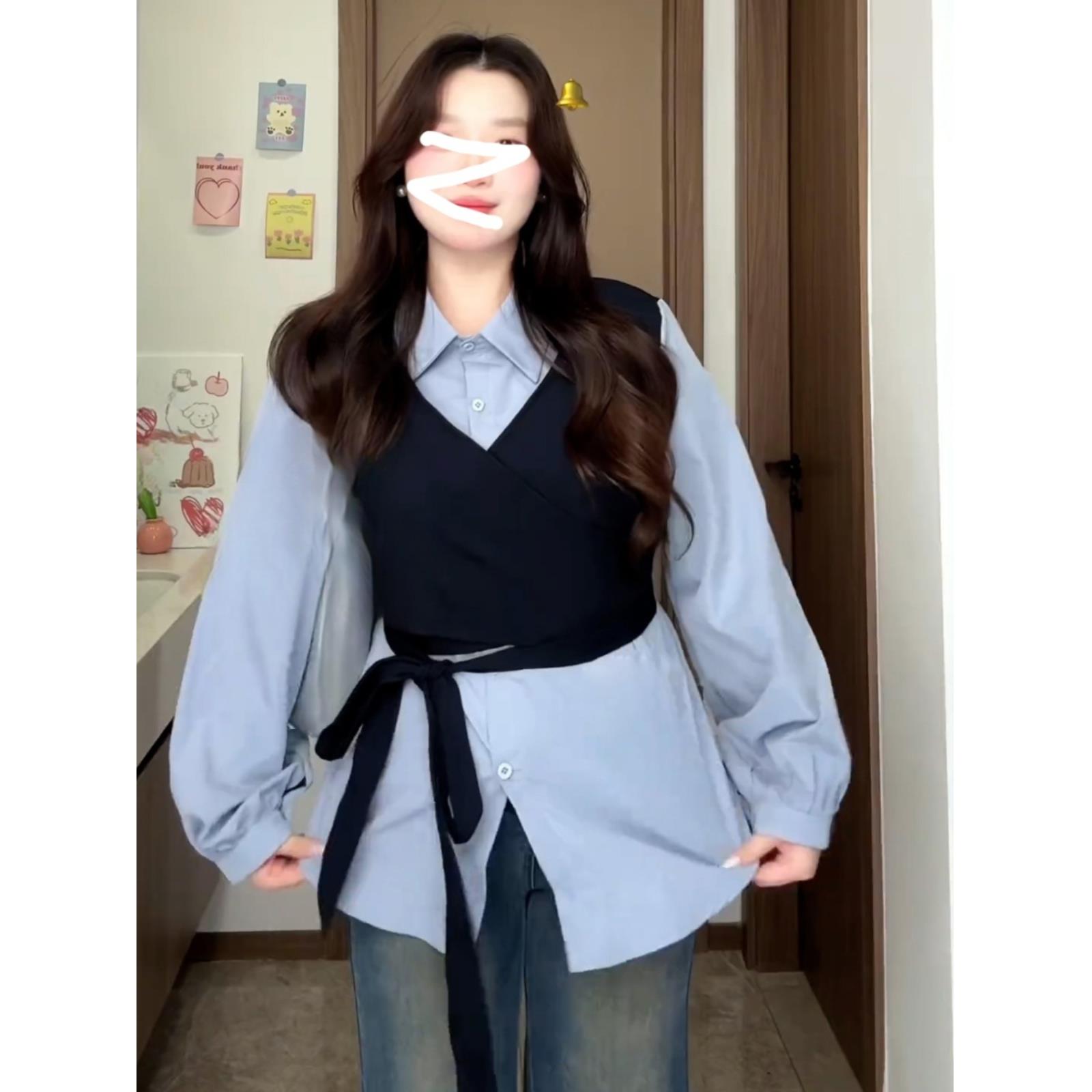 大码胖MM韩系百搭假两件长袖衬衫女秋季2025新款绑带收腰遮肉衬衣