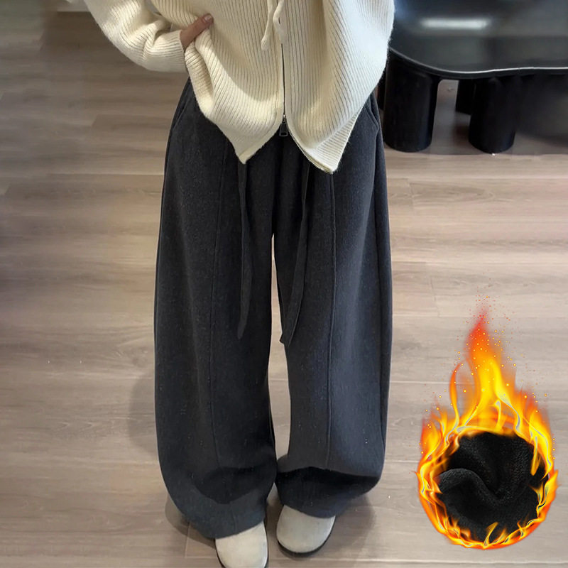 加绒毛呢弯刀裤女秋冬季2025新款高腰加厚运动卫裤宽松休闲阔腿裤