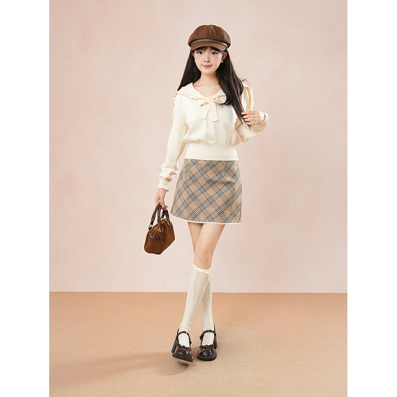 航海日志 早秋学院风花边海军领绑带针织上衣女百搭格纹半裙套装
