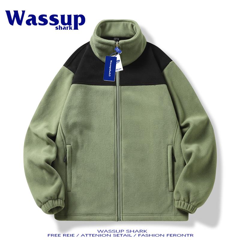 Wassupshark国潮双面摇粒绒外套男秋冬卫衣户外冲锋衣内胆夹克衫