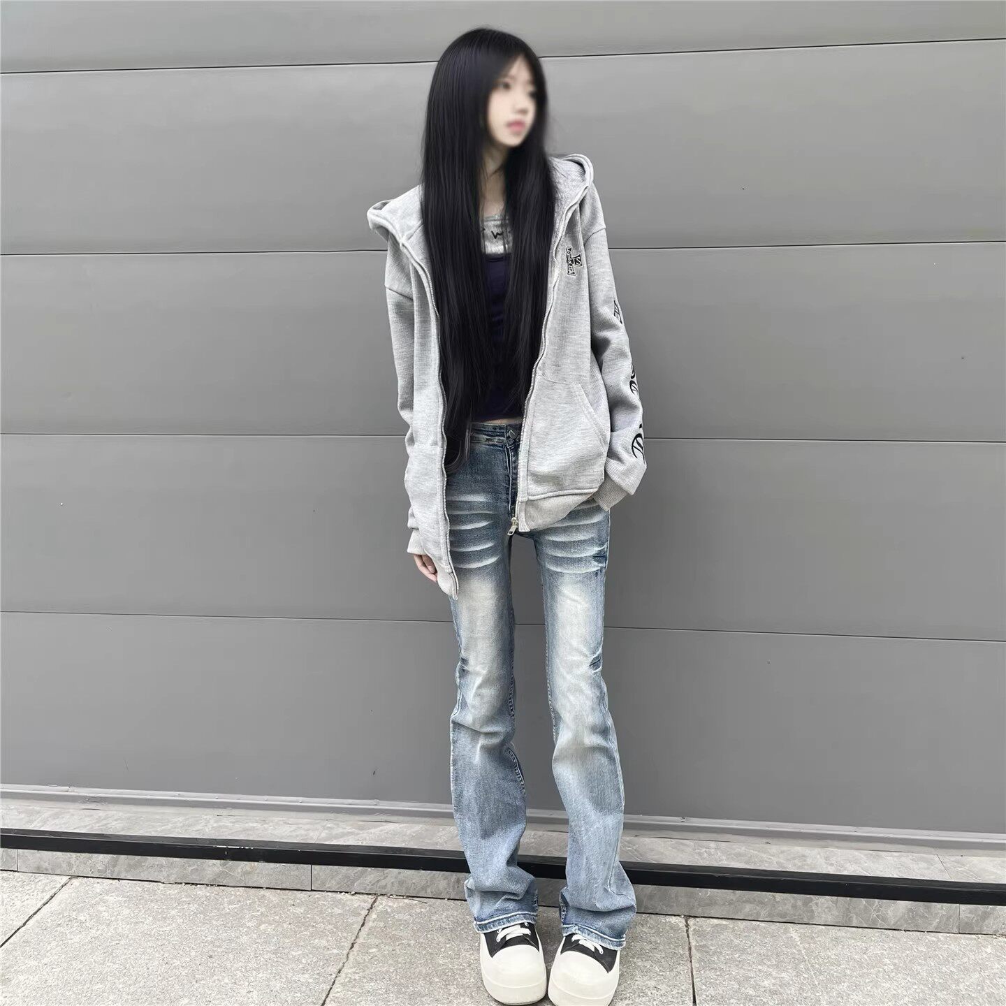 美式复古蓝中低腰微喇百搭牛仔裤女秋冬新款修身显瘦做旧拖地裤子