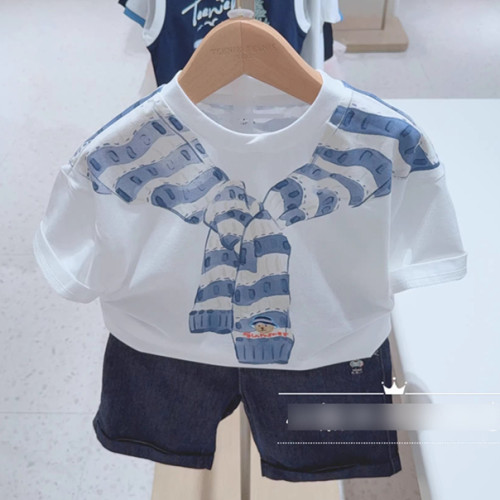 2025夏季新款男女童短袖T恤小熊印花披肩圆领休闲上衣TKRA252533B