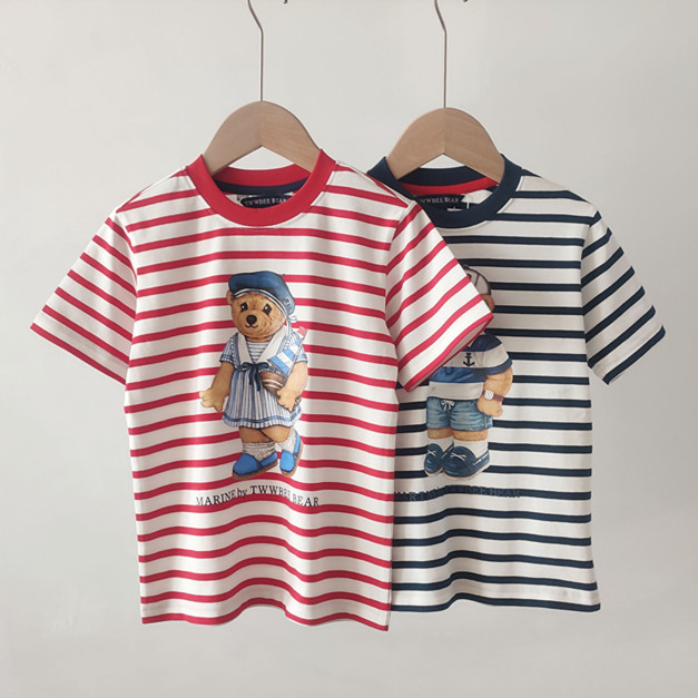 2024夏季男女童短袖条纹T恤圆领套头卡通童装TTRS246383I