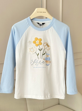 2024秋季韩版新款打底衫女孩甜美绣花插肩长袖T恤圆领HBLL24-3-10