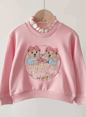 春秋新款女童木耳花边领子毛圈棉卫衣卡通小熊TTMW234V55A-00-1