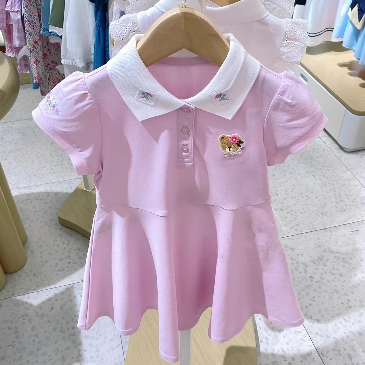 2025夏季小熊童装女童休闲学院风polo领短袖连衣裙OM252551A