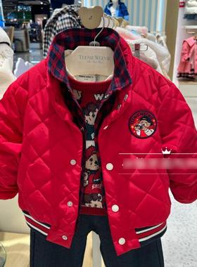 现货小熊童装秋冬款男童红色假两件压格YH棉服棒球服TKJP231101K