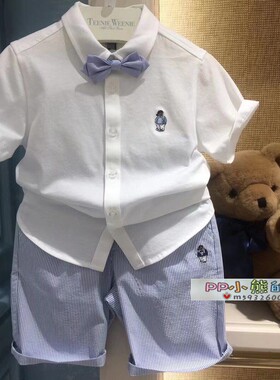 小熊童装夏季薄款男童翻领带领结白色短袖衬衫上衣TKYW212404A