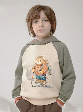 24秋冬季新款卡通小熊男童连帽插肩袖加绒卫衣拼色休闲 MW244V02A