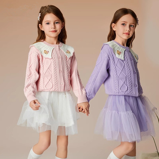 女童休闲甜美公主舒适毛织开衫 翻领针织上衣PCCKE4921E 新款 24秋季