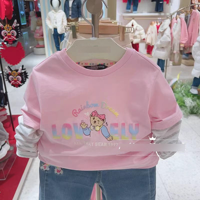 春季新款女童撞色条纹长袖假两件