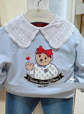 25春季小熊童装女童娃娃领长袖T恤纯棉毛圈花边领上衣TKLA251251K
