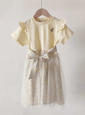 2024夏季新款女童短袖连衣裙纱裙黄色拼接碎花TTOM232552B