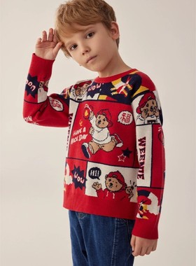 2023童装春季新款男童卡通圆领红色长袖毛衣针织休闲TKKW241101K