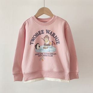 24秋冬季 卡通小熊女童加绒卫衣拼接休闲可爱上衣TTMA248T91I 新款