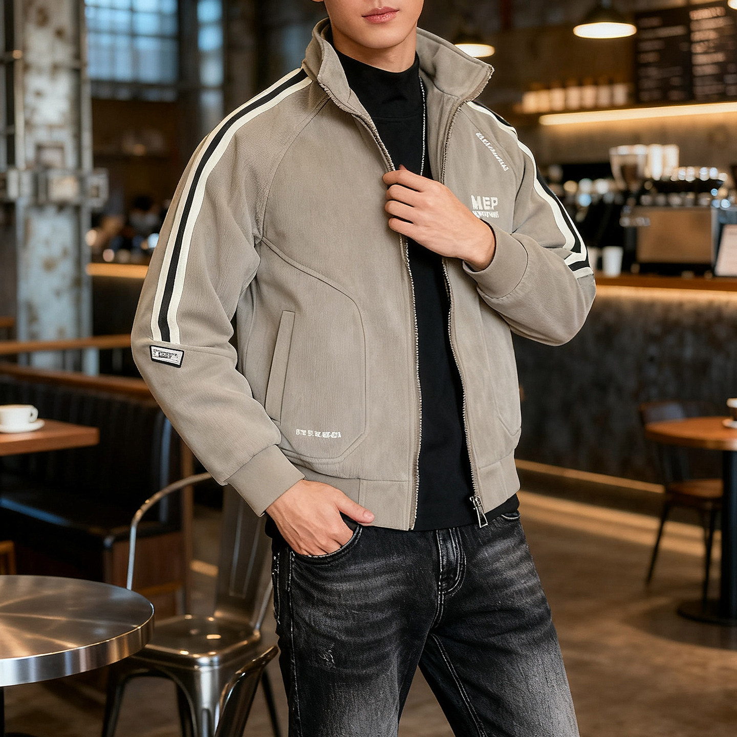 高端立领夹克男士秋冬加厚保暖高级感潮牌加绒时尚休闲痞帅外套褂