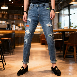 春季 直筒休闲长裤 新款 潮牌设计感破洞修身 2026弹力牛仔裤 高端男士