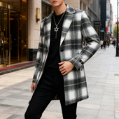风衣夹棉外套 毛呢大衣男格子冬季 休闲韩版 中长款 呢子西装 加厚时尚