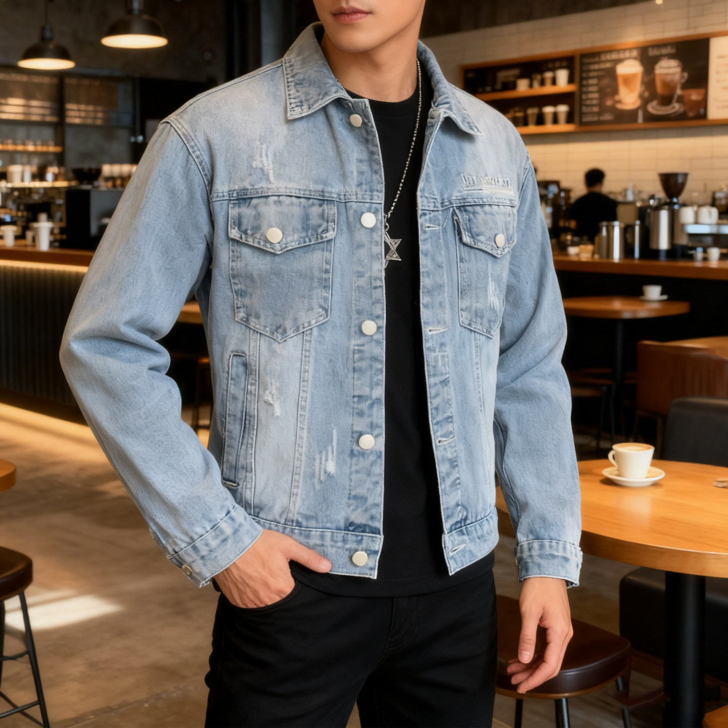 蓝色新款牛仔外套男秋冬季修身潮时尚春秋长袖水洗牛仔衣翻领夹克