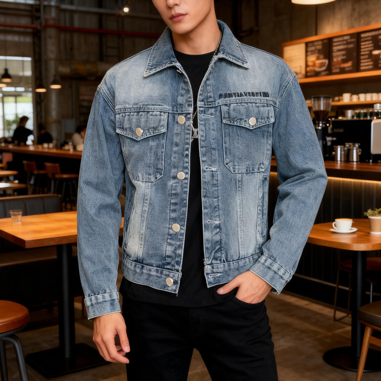 春秋蓝色男士做旧牛仔外套