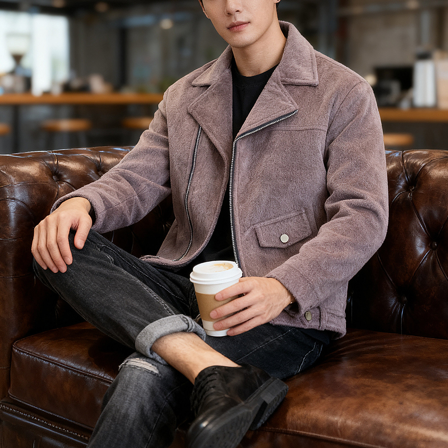 高级感秋冬男士水貂绒夹克外套翻领夹棉保暖潮流短款风衣毛呢外套