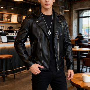 皮衣外套男高级感2025修身秋男款痞帅翻领美式黑色机车服皮夹克潮