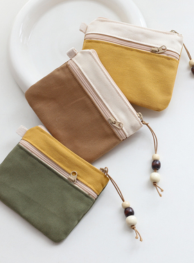 日系帆布多层小钱包简约撞色艺迷你小包包拉链零钱包卡包钥匙包