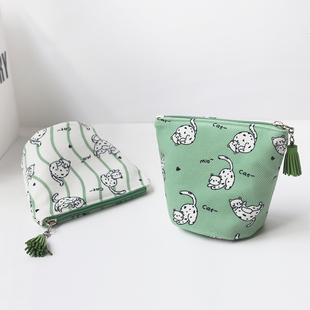 小清新学生可爱小猫咪水桶化妆包mini卫生巾收纳包便携拉链小包包