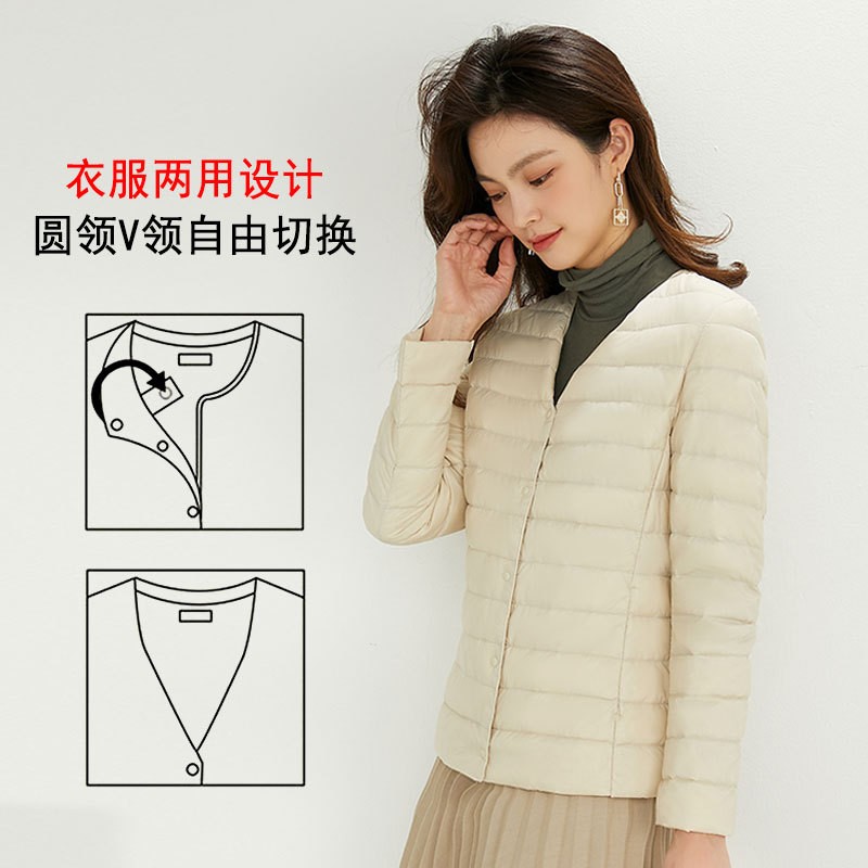 2025年轻薄羽绒服女韩版秋冬无领短款轻便内胆圆领单排扣长袖内穿