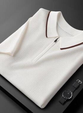 镂空冰丝半拉链polo衫男短袖修身白色针织衫男士2025新款夏季薄款