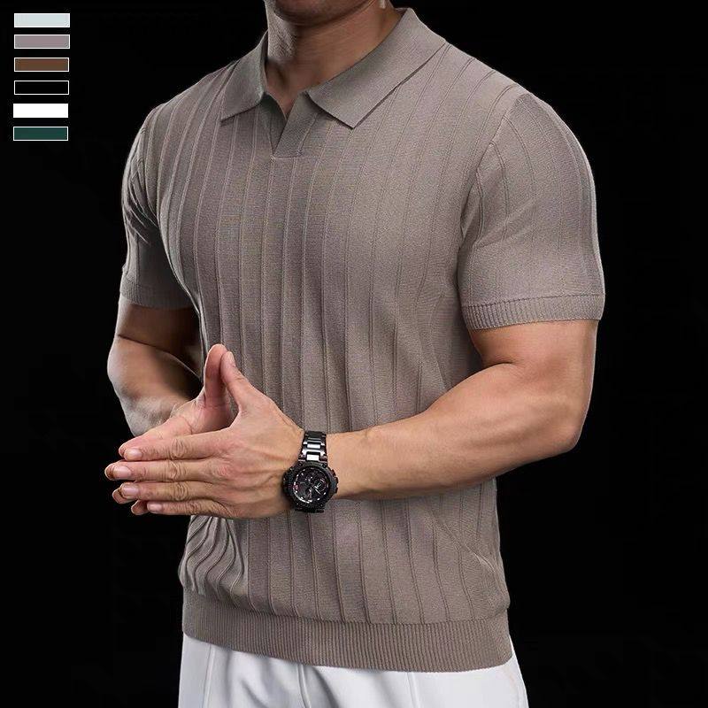 夏季冰爽垂感 针织条纹polo衫男休闲商务复古休闲v领短袖T恤日系