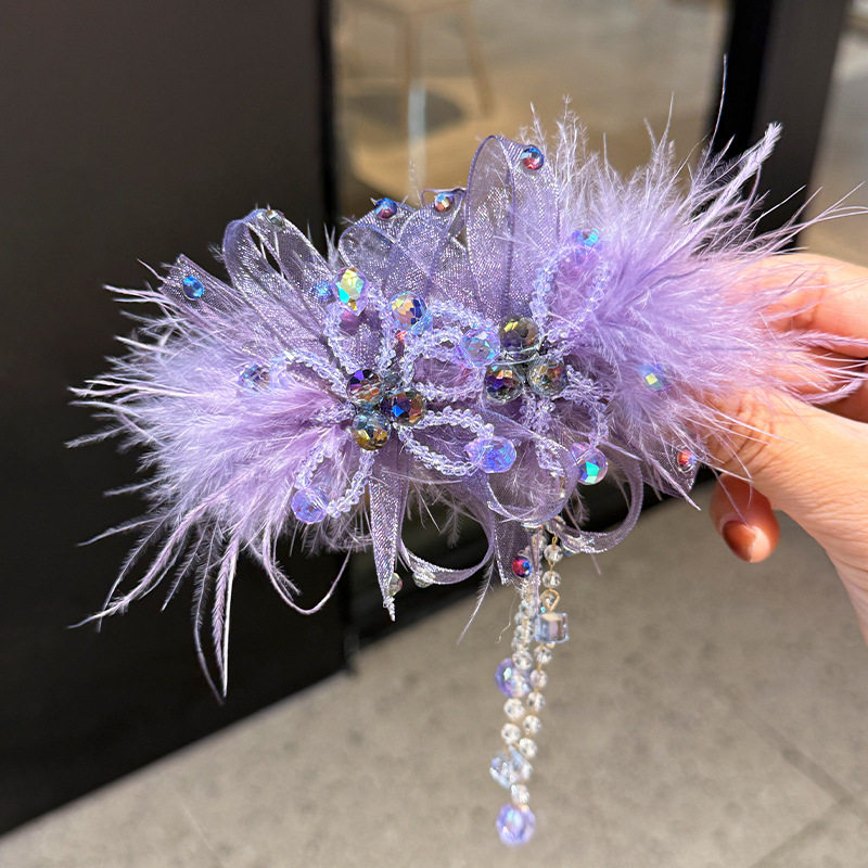 气质超仙蓬松羽毛发夹重工超闪闪钻流苏弹簧夹气质后脑勺半扎发卡,饰品/流行首饰/时尚饰品新,民族风发饰,淘宝优惠券,粉丝福利购,淘宝优惠卷