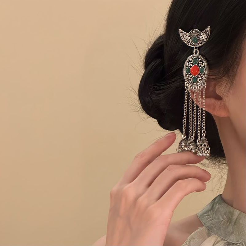 苗绣垂丝民族风古铃铛流苏发夹月牙垂丝小众旗袍发饰头饰女