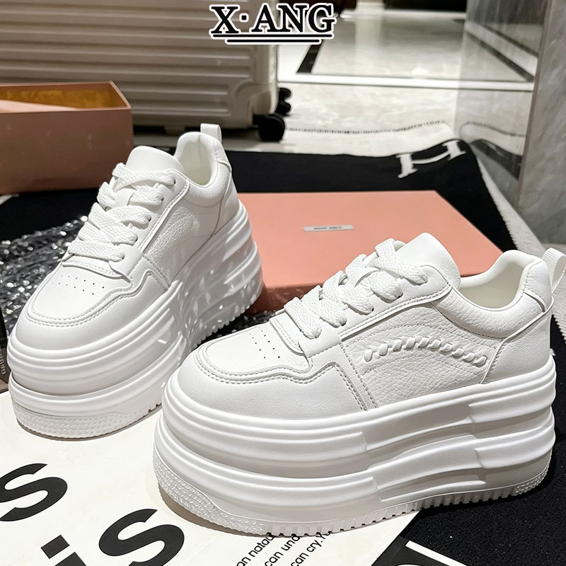 真皮8cm厚底增高矮子乐小个子女鞋系带板鞋女款松糕鞋休闲小白鞋