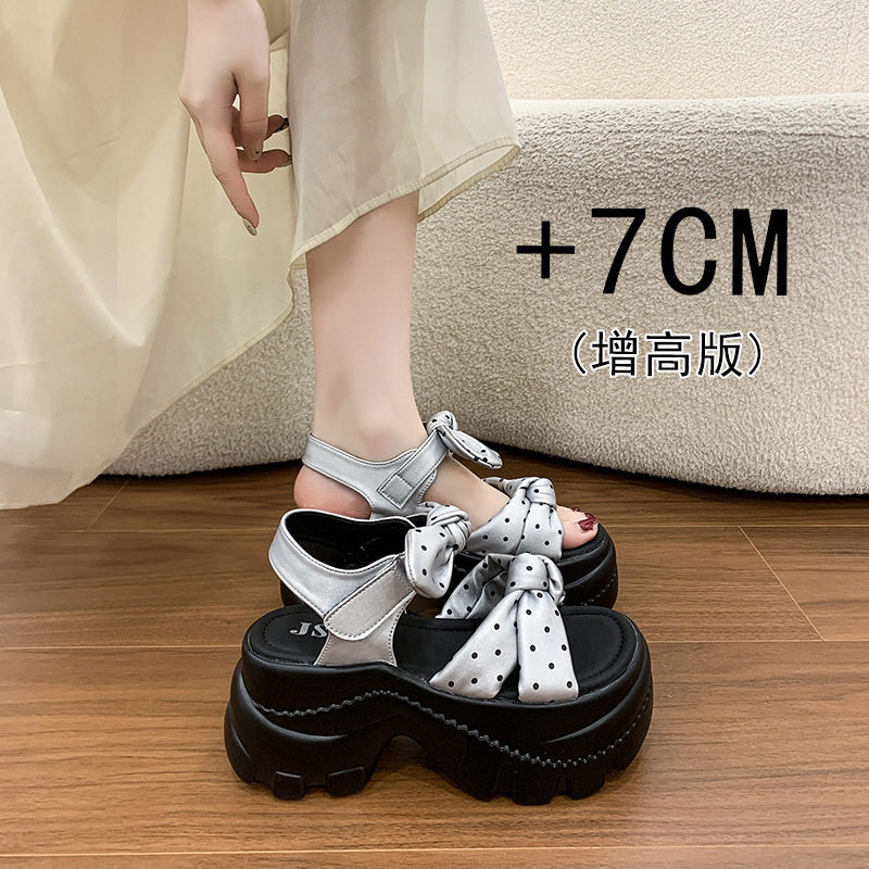 真皮坡跟凉鞋女夏季2026新款蝴蝶结小个子百搭松糕厚底高跟罗马鞋