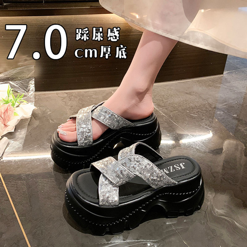 真皮厚底亮片一字拖鞋女夏天外穿2026年新款不累脚沙滩凉拖鞋子女