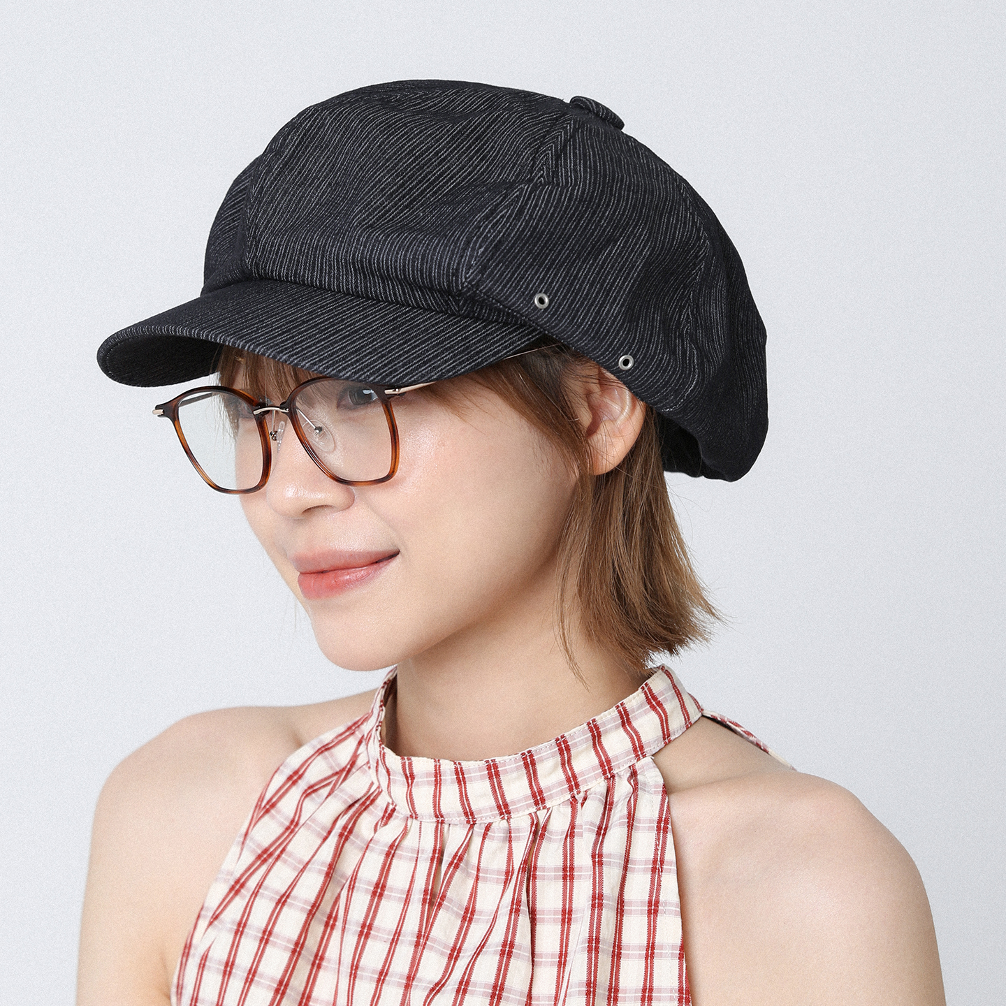 黑色条纹鸭舌贝雷帽大头围八角帽