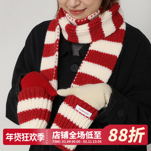 韩系氛围感新年红白条纹羊毛拼色针织口袋围巾女秋冬保暖披肩围脖